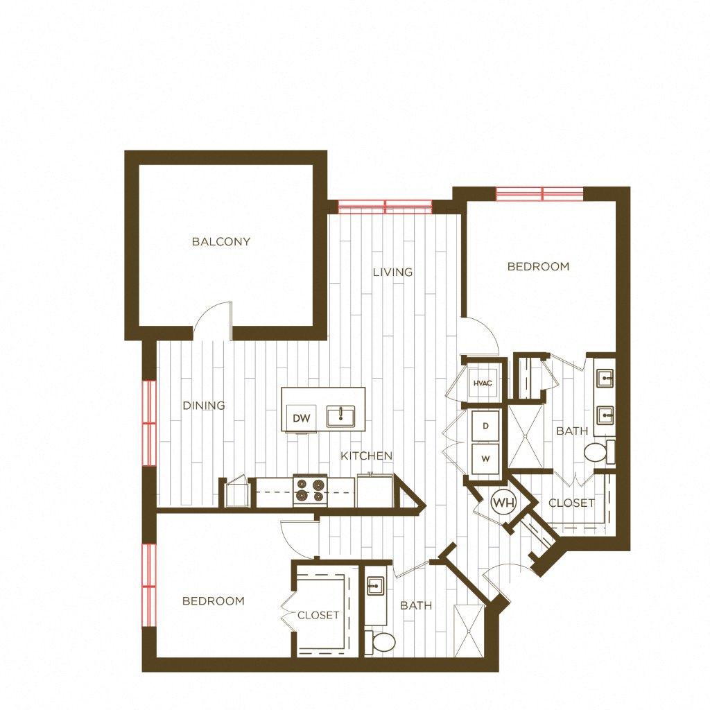 Floor plan for 2 beds, 2 baths, 1182 sqft